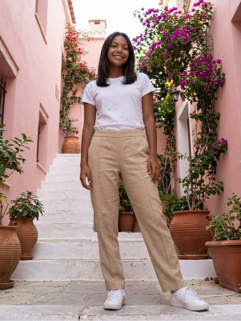 Vince Mid Rise Linen Blend Tapered Pull on Trousers